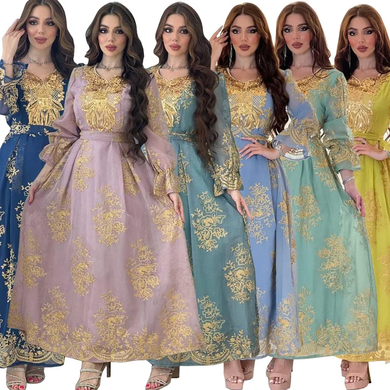 

New Summer Muslim Abaya Dress Arabian Dubai Embroidered Decal Party Dress Moroccan Caftan Royal Women Elegant Muslim Abaya Dress