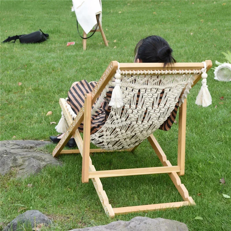 Folding Designer Living Room Chair Hand-woven Recliner Moroccan Folk Original Chair Leisure Beech Wood Comfortable Loung Chairs