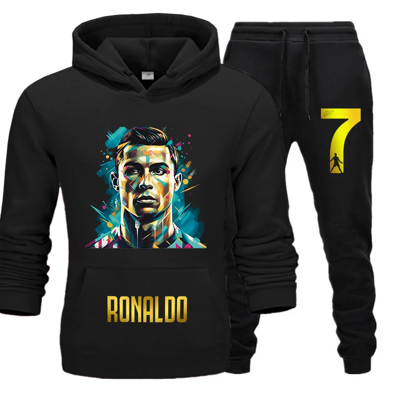 호나우도 프린트 성인 후디 세트, 양털 맨투맨 바지, 2 피스 운동복 세트, 가을 및 겨울 