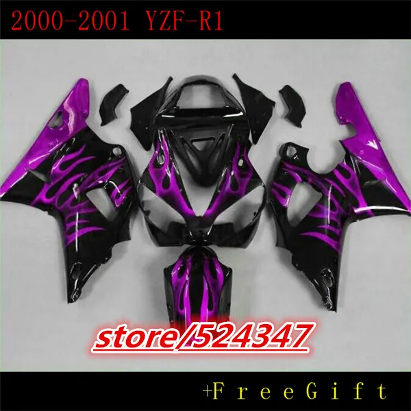 

Комплект черных обтекателей HHPurple flames для YZFR1 00 01 YZF R1 2000 2001 YZF1000 yzfr1, комплект обтекателей, аксессуары и детали для мотоциклов-Hey