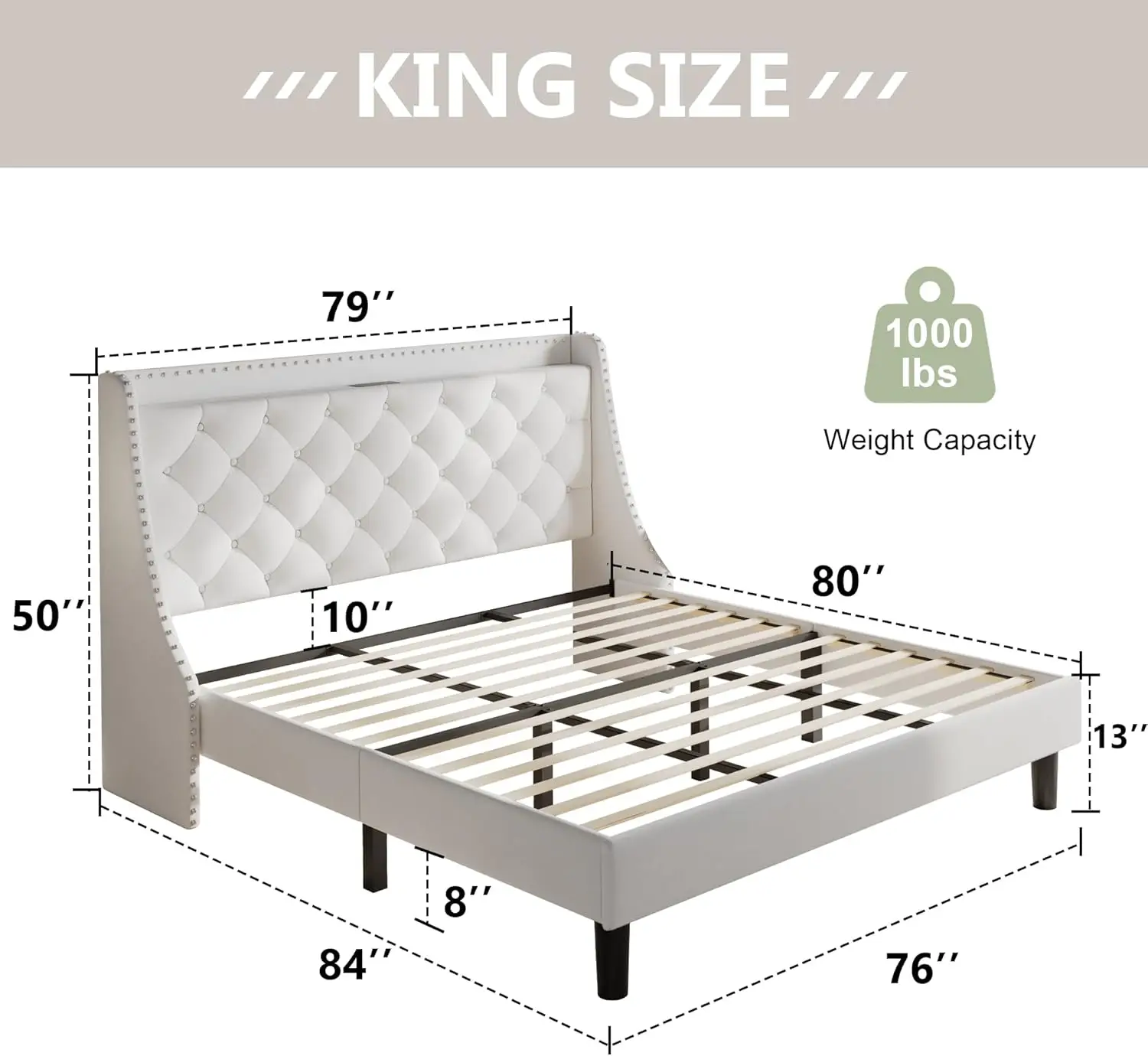 King Size Bed Frame with Velvet Luxury Wingback and Fast Charging Station,King Upholstered Button Tufted Storage Headboard
