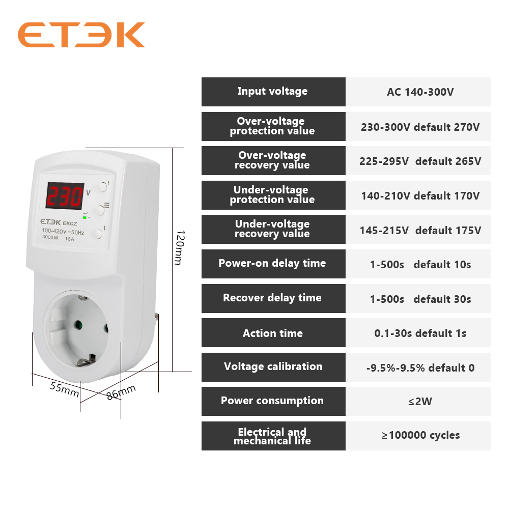 ETEK Over Voltage Protector Relay 16A AC140-300V 16A Electronic Multifunctional Refrigerator Protection Plug Socket EKCZ