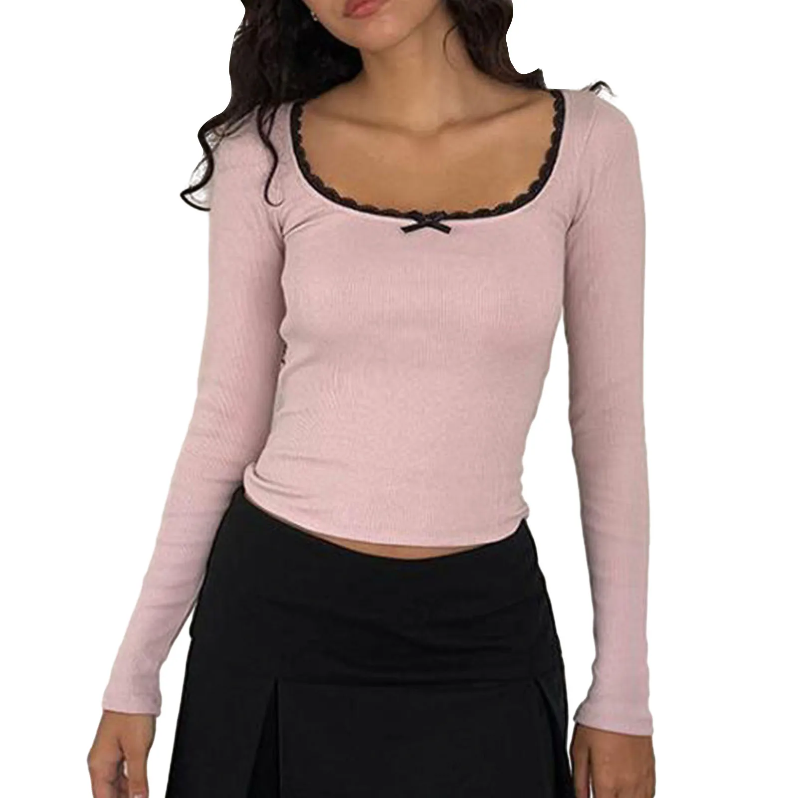 Patchwork Women's T-shirt Fake Two-piece Slim Long Sleeve Y2K Crop Tops Woman