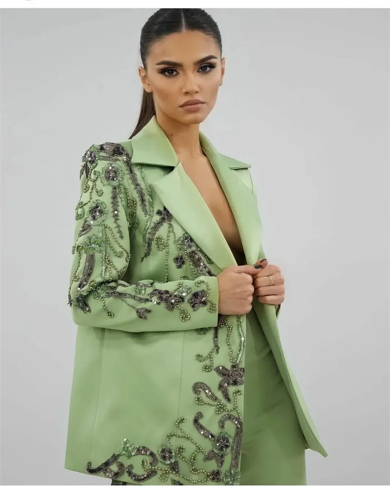 Women Suits Set 2 Pieces Blazer Pants Designer Luxury Beads Appliques Formal Wedding Evening Party Prom Dress Women Suit Set