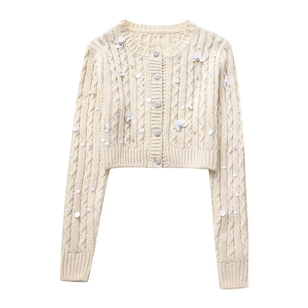 

TRAF Cropped Knit Cardigan For Women 2023 Autumn Sweater Woman Long Sleeves Round Neck Knitwears Female Fashion Button-Up Tops