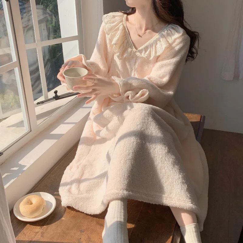 Fleece Nightgown Lace Sleepwear Womens Winter Night Dress Warm One Piece Pajamas Korean Style Long Sleeve Solid Ruffle Home Wear