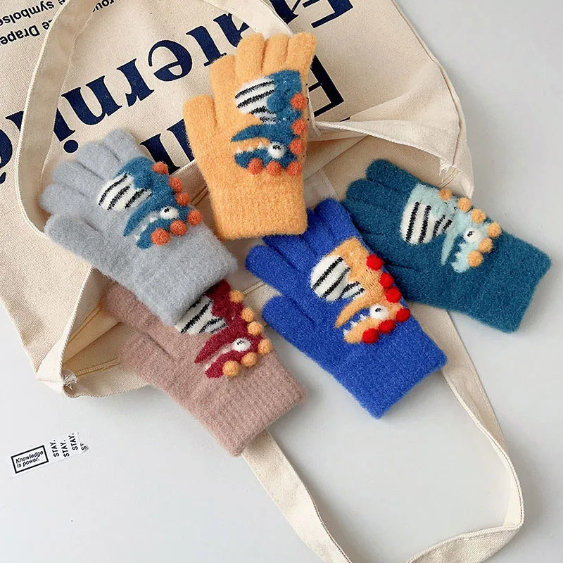 Cartoon Dinosaur Children Knitted Gloves Cold Proof Warm Kids Five Finger Gloves 3-15year Boy Girl Baby Winter Woolen Mittens 장갑 4