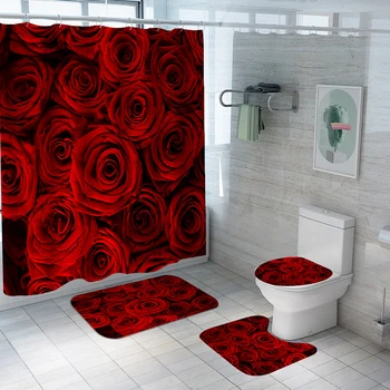 Red Rose Flowers Pattern Shower Curtain Set With Rugs Waterproof Bathing Screen Anti-Slip Toilet Lid Cover Rugs Bathroom Décor 6