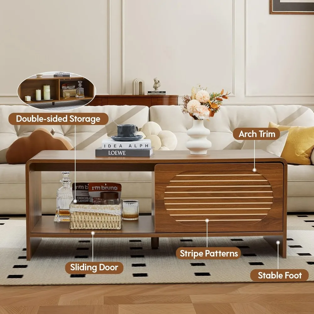 43.3" Walnut Modern Coffee Table with Sliding Door Storage, Farmhouse Style for Living Room