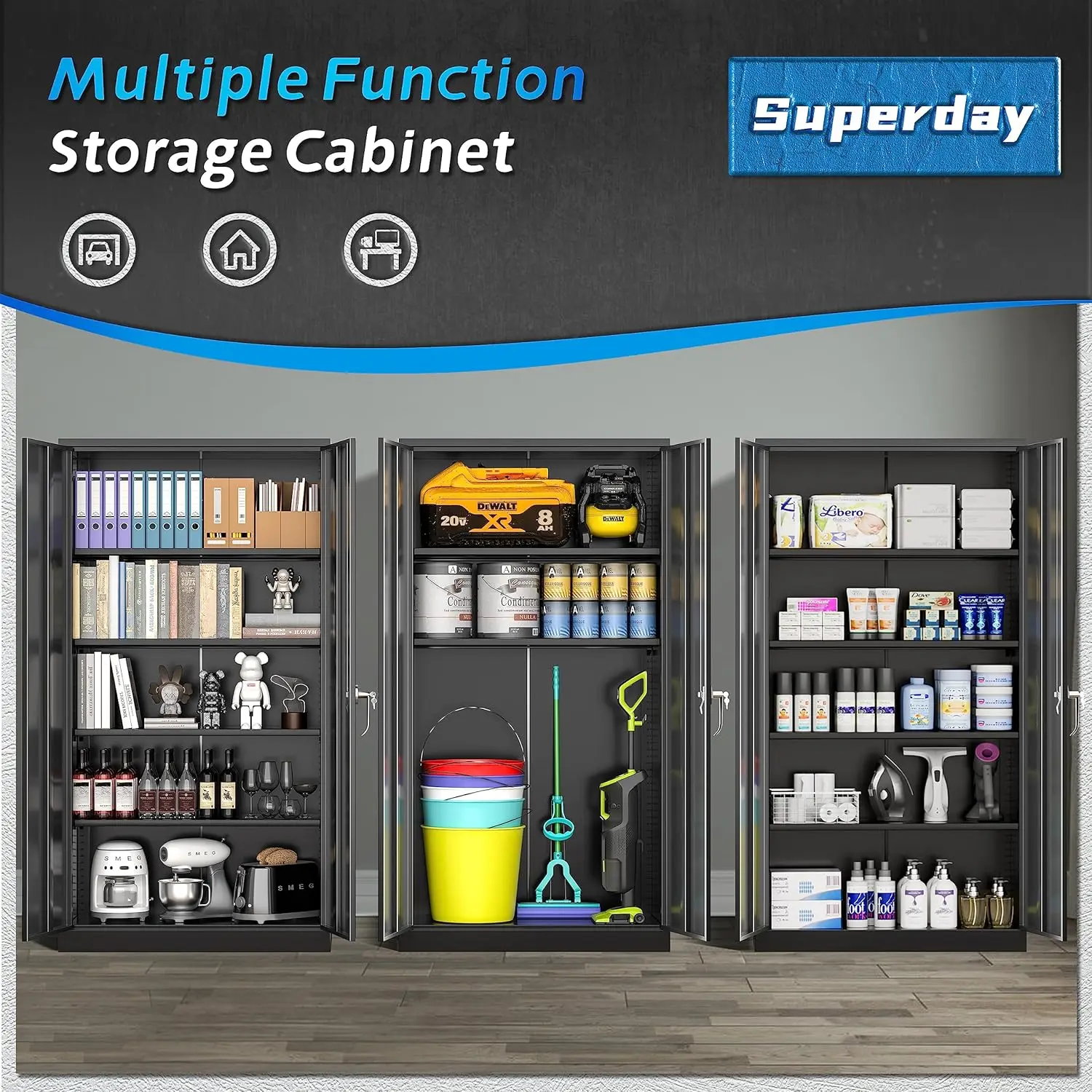 Lockable Storage Cabinet, 71" Garage Storage Cabinets with Lock, Black Metal Cabinet with 2 Doors and 4 Adjustable Shelves 6