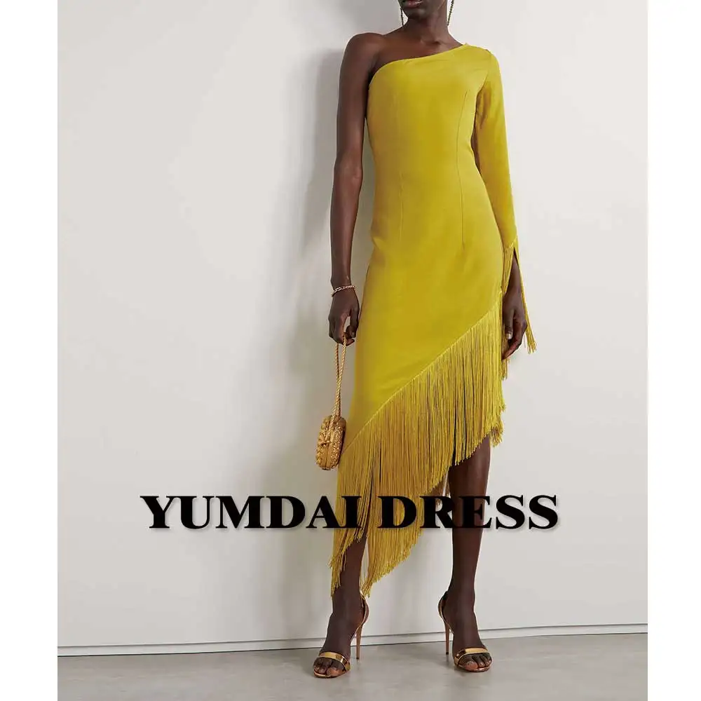 

YUMDAI Luxurious Dubai Yellow Tassel One Shoulder Sleeve Midi Evening Gown 2024 Ladies Special Occasion Homecoming Dress
