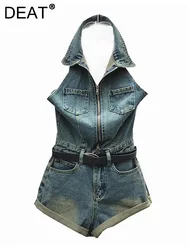 DEAT Women's Denim Jumpsuit Zipper Backless Belt Wide Leg Hollow Out Cuffs High Waist Sexy Playsuit 2024 Summer New Fashion