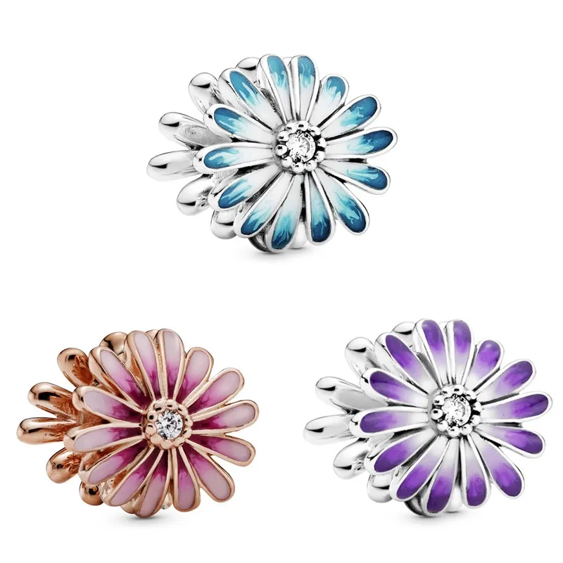 

Original Openwork Purple Daisy Flower With Crystal Beads Charm Fit Pan 925 Sterling Silver Bracelet Bangle Diy Jewelry