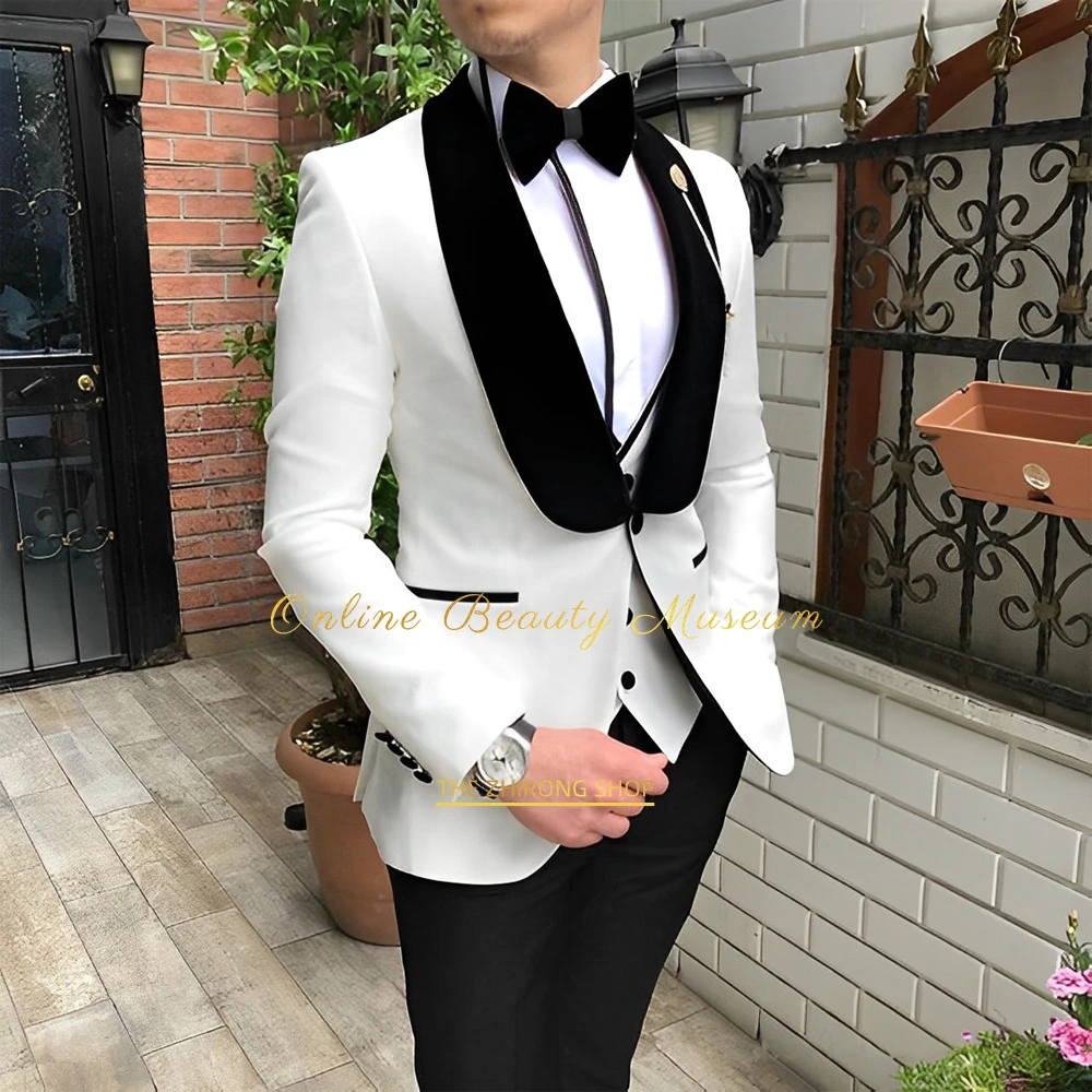 

Men's White 3-piece Suit, Black Flannel Shawl Lapel of Jacket+Vest+Pants, Graduation Ceremony Wedding Cocktail Party Easter