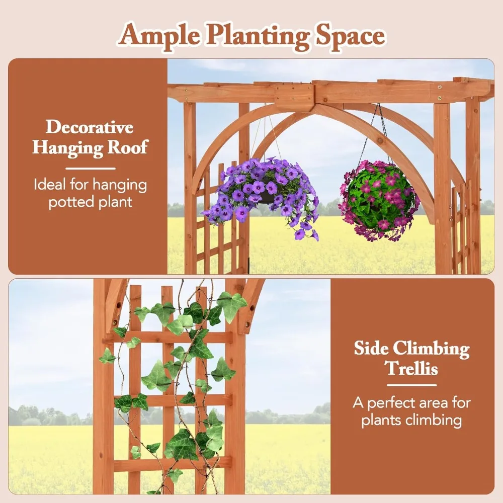 Happygrill Wood Garden Arbor, 84 Inch Outdoor Archway Pergola w/Decorative Hanging Roof & Side Climbing Trellis, Garden Arch for