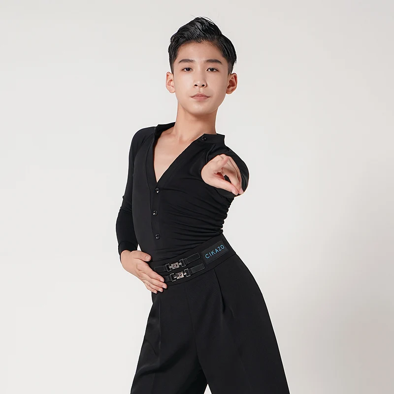

Latin Dance Tops For Boys National Standard Dance Uniform Long Sleeved V-Neck Shirts Latin Dance Competition Clothing DN16616