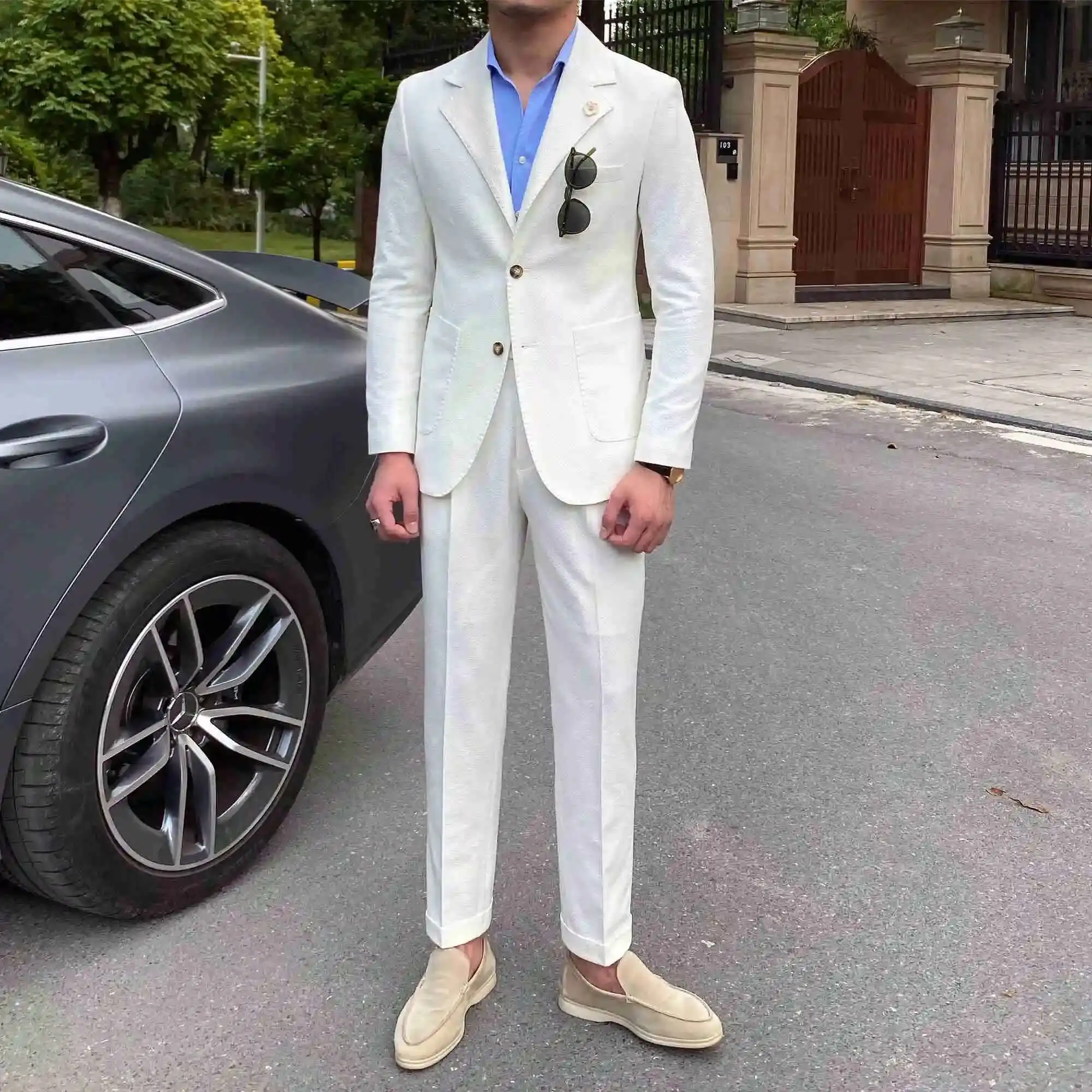 New Summer Seersucker Suit Men Italian Style British Slim Fit Casual White Suit Trendy Man Smoking Homme Mariage Men Tuxedo