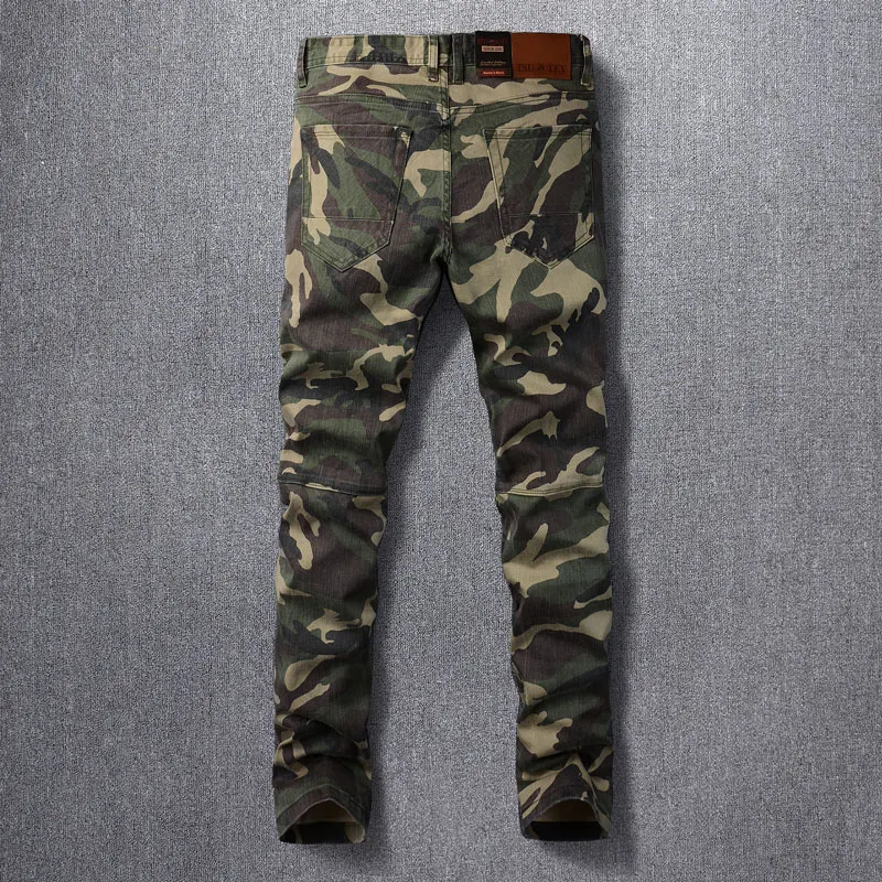 Fashion Designer Men Jeans Camo Elastic Slim Vintage Jeans Men Trousers Zipper Pocket Patched Hip Hop Biker Pants