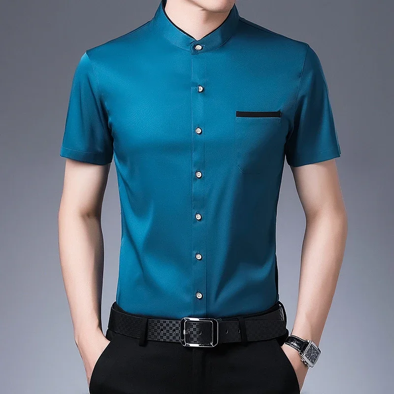 Men's Business Casual Short Sleeved Shirt No Iron and Wrinkle Resistant Top