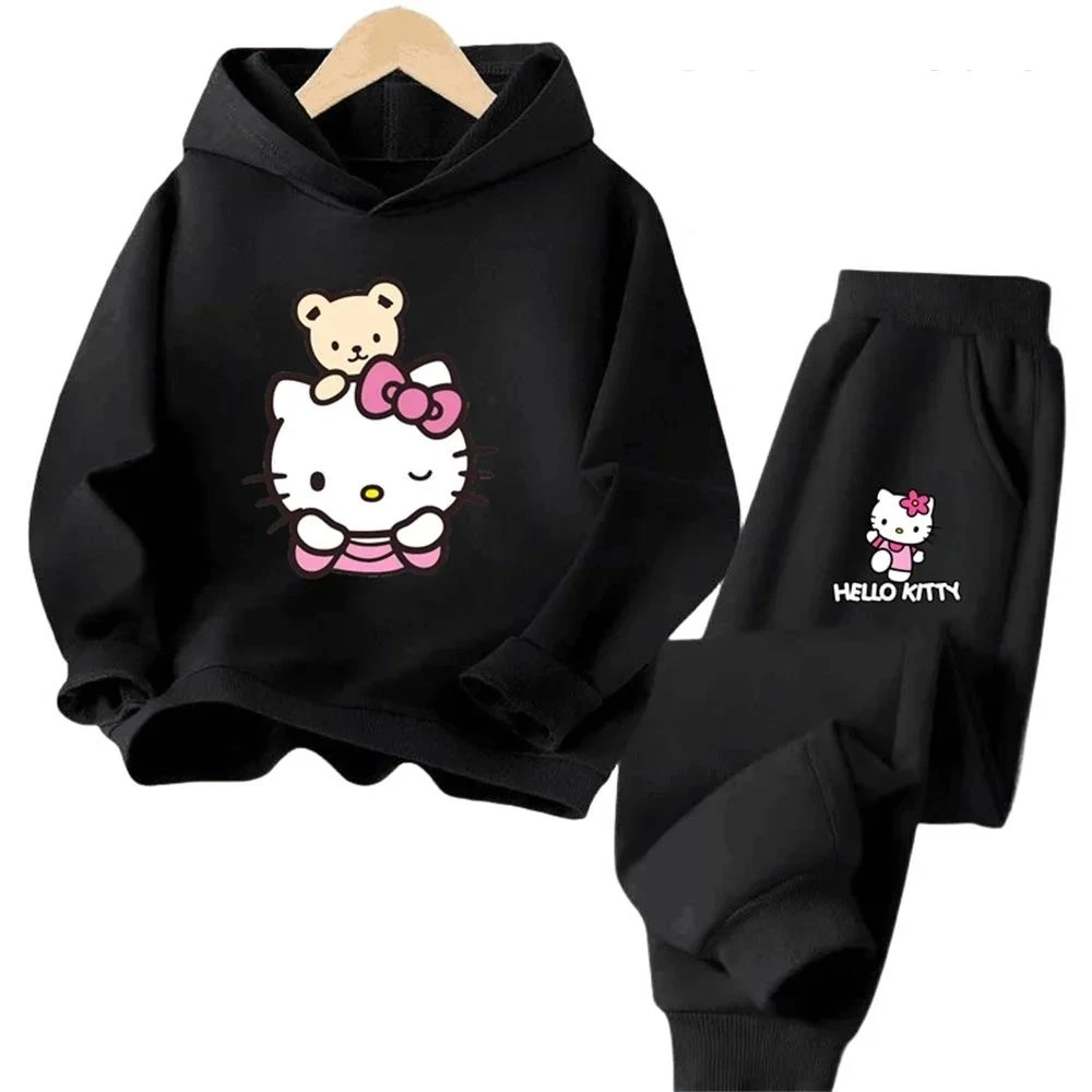 Conjunto de sudadera y pantalón de chándal de Hello Kitty para niños y niñas, conjunto de dos piezas de moda para niños de 3 a 14 años