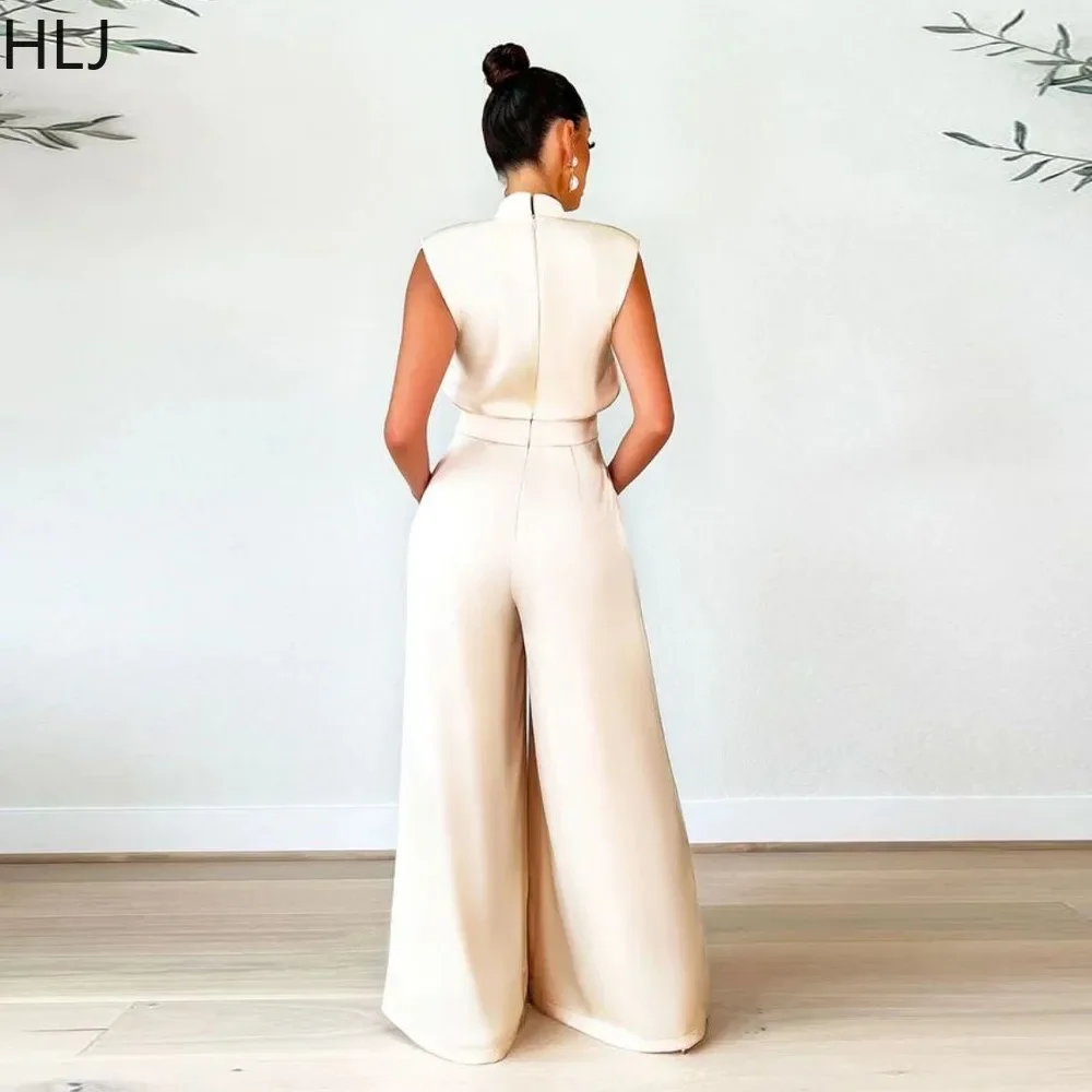 HLJ Elegant Lady Solid Color Wide Leg Pants Jumpsuits Women Round Neck Sleeveless Waist Retraction Playsuits Female OL Overalls