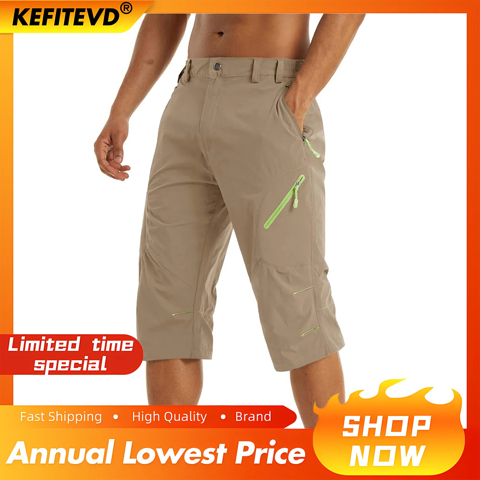 KEFITEVD Summer Quick Dry Shorts Men's 3/4 Cargo Short Lightweight Workout Capri Outdoor Hiking Running Breathable Short Bottoms