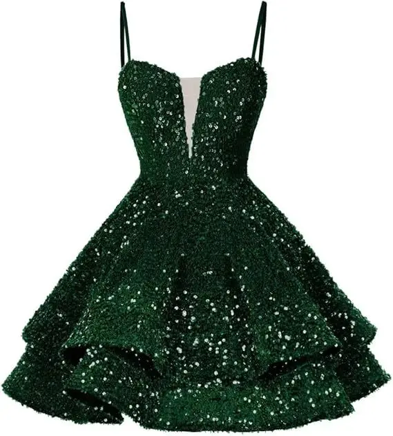 Spaghetti Strap Cocktail Gown Short Mini Skirt Sequined Party Dresses