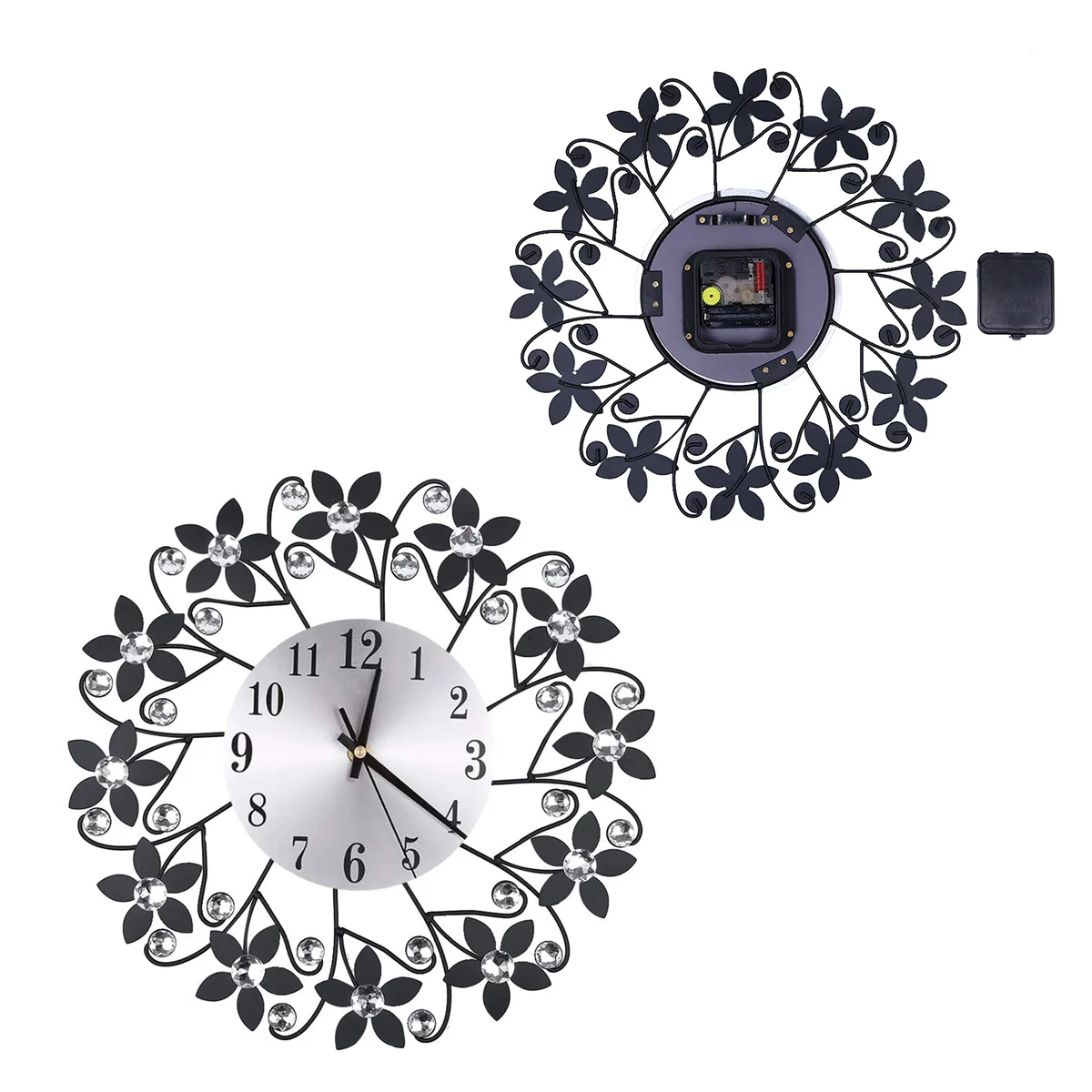 

Retro Diamond Wrought Iron Wall Clock Leaf Petals Creative Mute Living Room Decoration Clock without (Black)