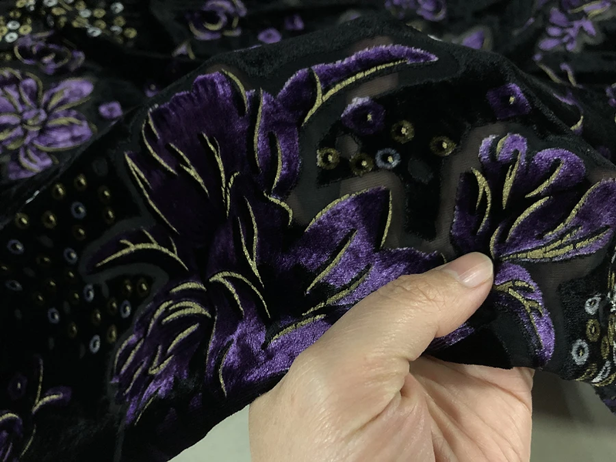 

High Quality Real Silk Velvet Fashion Cloth Purple on Black Ground Flower Hollow Etched-out Designer Fabric Quantity Is Not Much