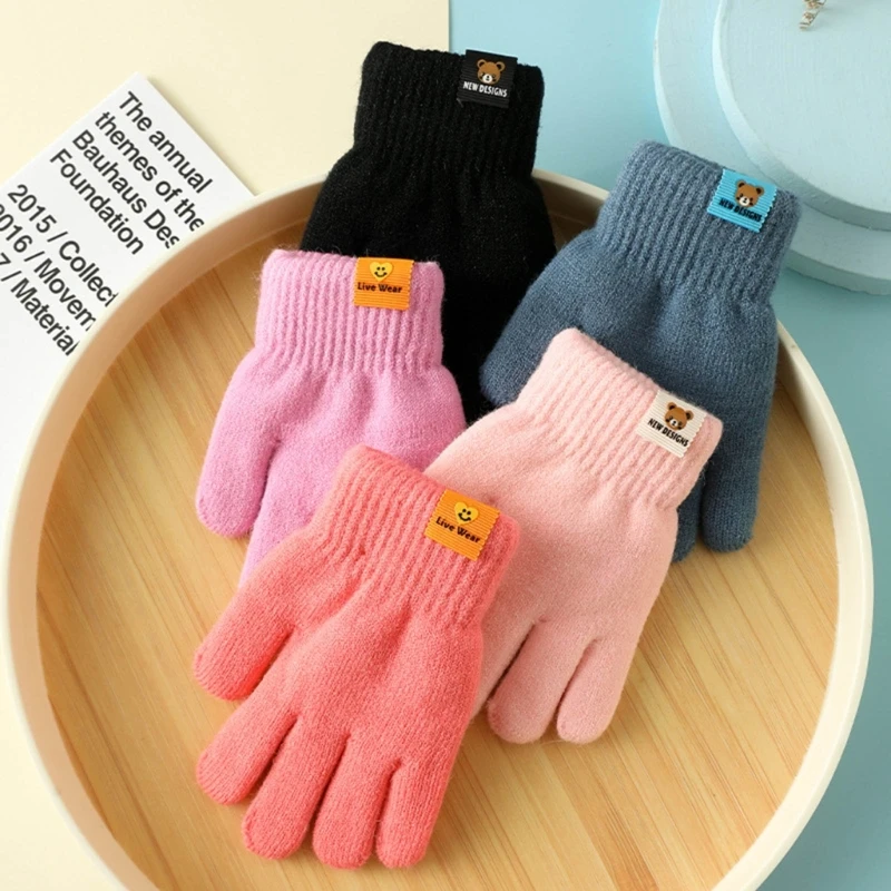 Autumn Winter Warm Knitted Baby Gloves Windproof Thermal Fleece Lining Kids Full Finger Mittens for 3-6 Year Baby Sports Gloves