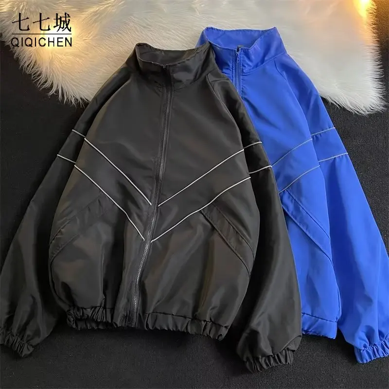 

Spring Varsity Jacket Men Women Reflective Striped Jackets Harajuku Patchwork Oversize Windbreaker Casual Streetwear Black New