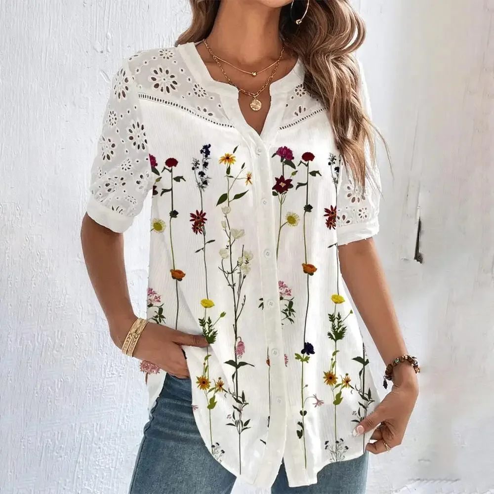New Temperament Casual Lace Woman Shirt Fashion Loose Shirt Woman Elegant Short Sleeve Blouse Holiday Weekend  Tops Women 2021