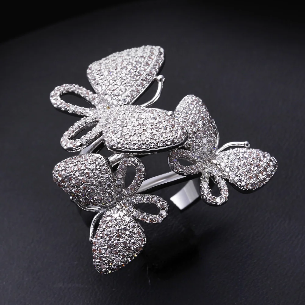 Luxury Butterfly Ring Pave Tiny Cubic Zircon Copper With Thick Platinum Plating Fashion Jewelry For Women