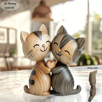 Wooden Kitten Couple Sculpture Charming 2D Flat Cat Enthusiast Gift Light and Dark Wood Grain Desktop Entrance Home Decoration 1