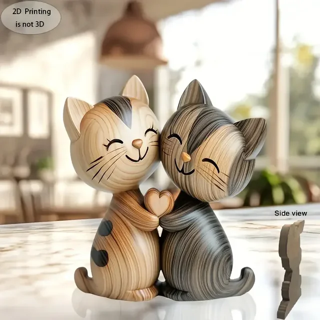 Wooden Kitten Couple Sculpture Charming 2D Flat Cat Enthusiast Gift Light and Dark Wood Grain Desktop Entrance Home Decoration 1