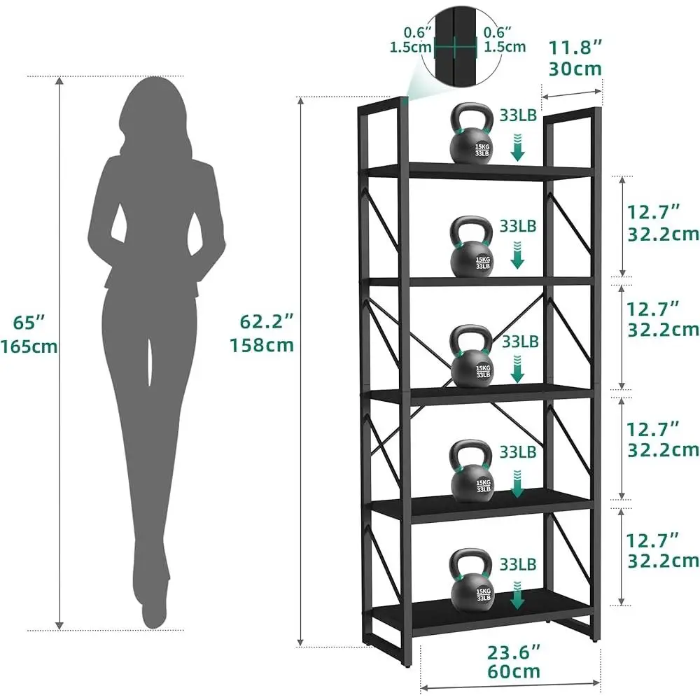 5 Tier Bookshelf Modern Bookcase Open Storage Rack Organizer Artsy Design Durable Metal Frame Anti-Tip Easy Assembly Multi-Zone 3