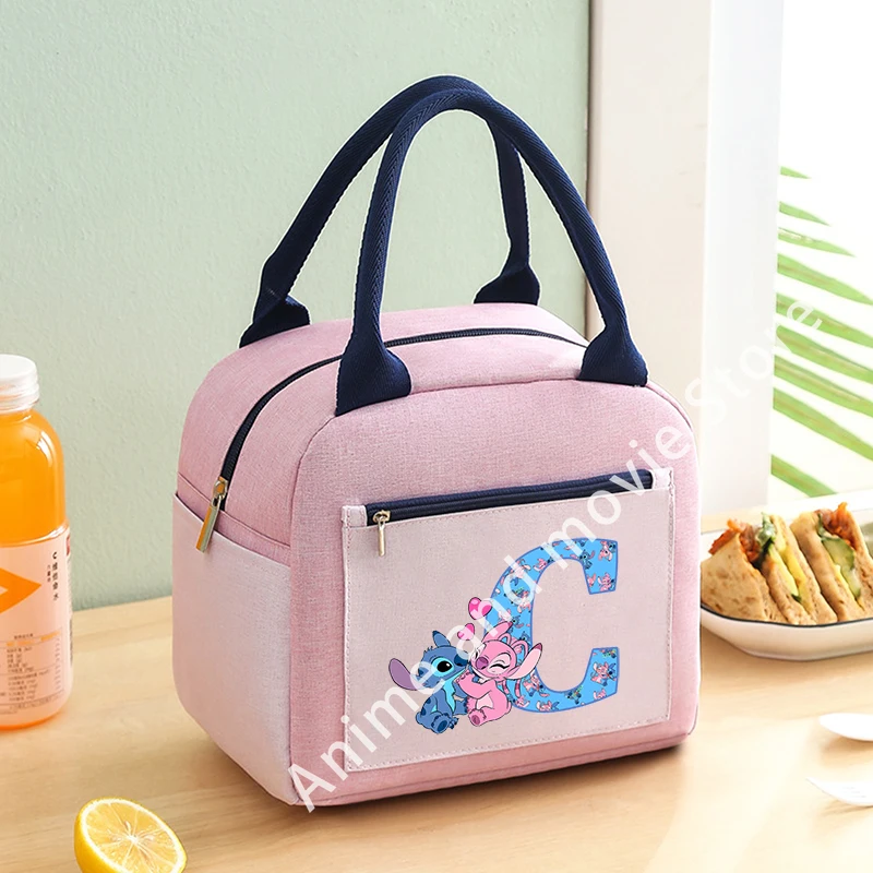 Bolsas térmicas para almuerzo para niños de Stitch Disney, loncheras con letras de la A a la Z, bolso de mano grueso y hermético, regalos de cumpleaños de dibujos animados de anime