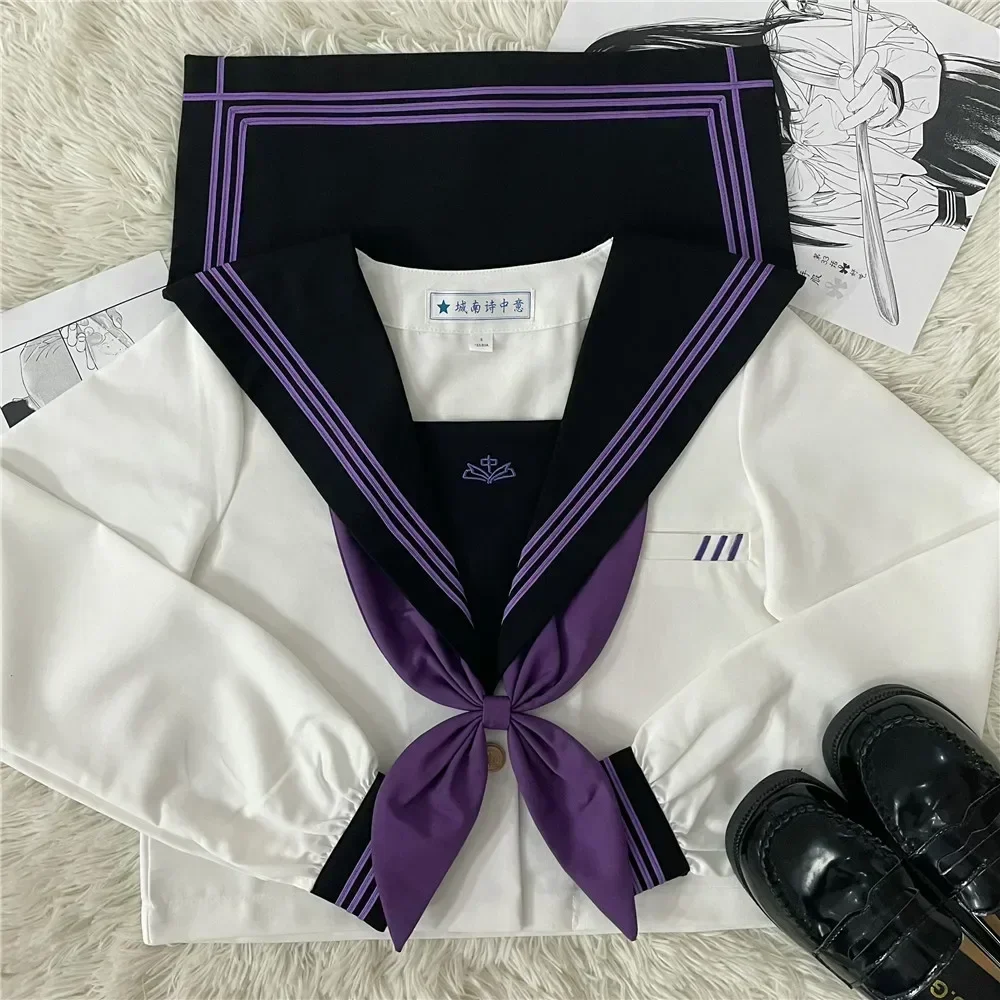 High School Girl Uniform Japanese Seifuku Sailor Suit Purple Tie Korean Student Kawaii JK Uniform Cosplay Black Leated Skirt