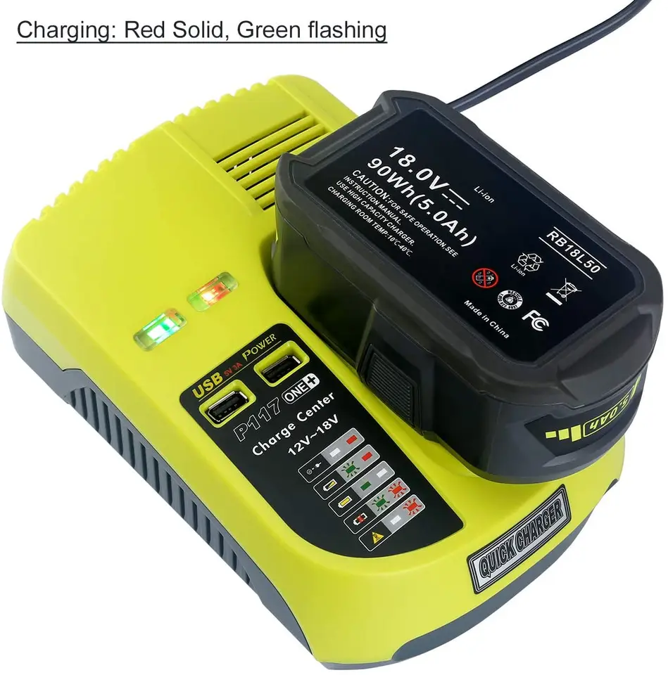 Dual Port Charger For Ryobi 18V Batteries - Replacement For P117, P118, P119 ONE+ Lithium/NiCd/NiMh
