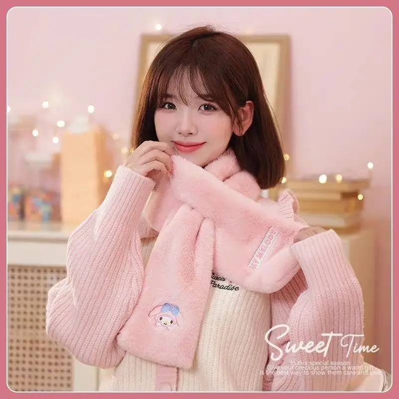 Kawaii Sanrios Scarf Cinnamoroll Neck Cover Female Anime Cute Kuromi My Melody Cross Fluffy Plush Scarf Korean Winter Girl Gifts