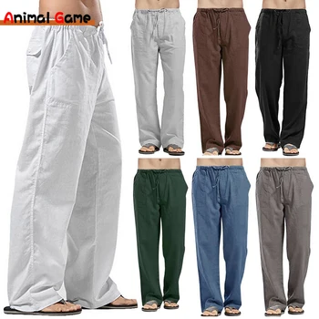 Pantalones anchos de lino para hombre, ropa de calle de gran tamaño, pantalones de Yoga informales, ropa de chándal, primavera y verano 1