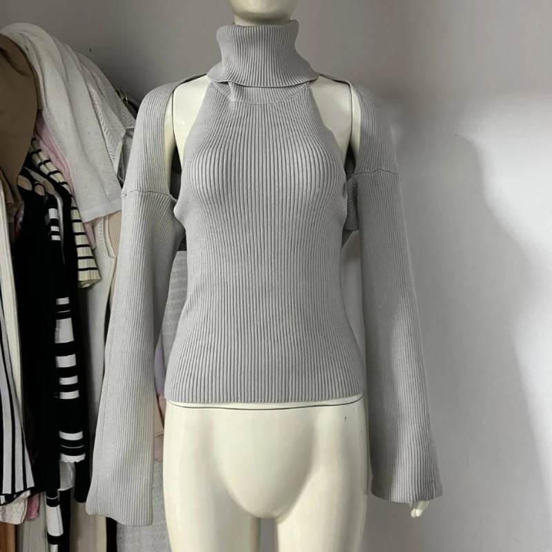 Knit Tank Top Sets For Women Fashion High Neck Vest And Long Sleeve Shawl 2 Piece Suits Sexy Backless Knitwear Top Femme