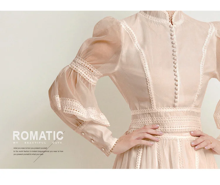 2024 French Elegant Lace Splicing Waist Lantern Sleeve Dress Vintage High Collar Princess Dress Organza Cocktail Women's Wear