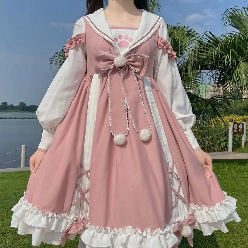 Kawaii vestido feminino lolita bonito estilo universitário miow garra  impressão princesa vestido japonês op rosa arco anime roupas menina festa  presente - AliExpress