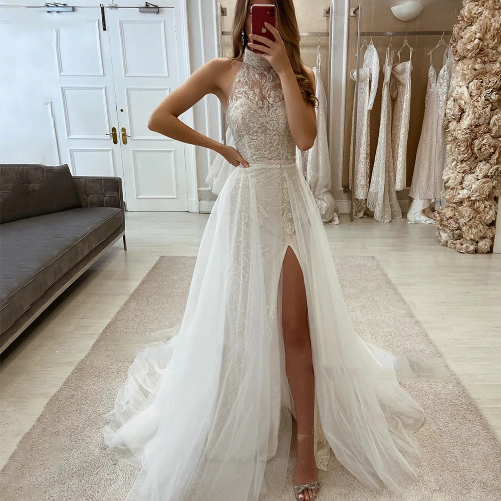

High Halter Lace Wedding Dresses Appliques Mermaid Side Slit Bridal Gowns With Detachable Tulle Train Bride Dress Vestido Noiva