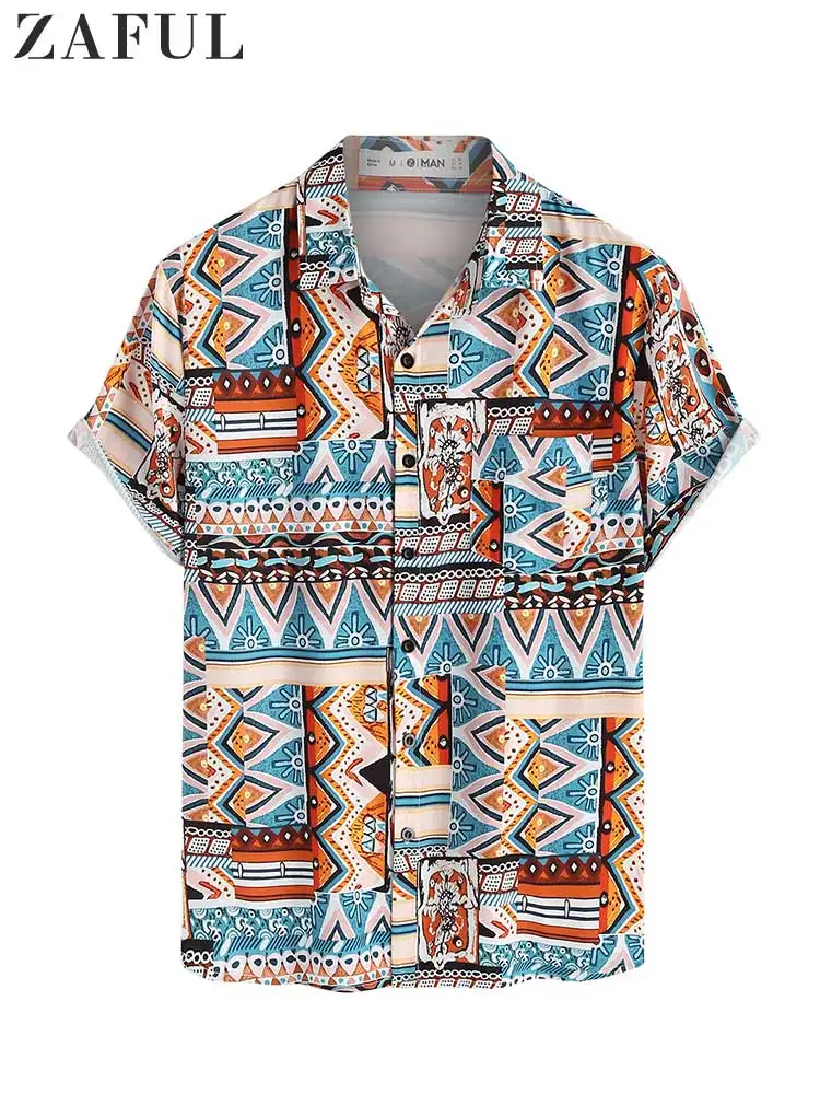 

ZAFUL Shirts for Men Tribal Print Ethnic Blouses Summer Streetwear Shirt Lapel Vacation Short Sleeves Button UP Tops with Pocket