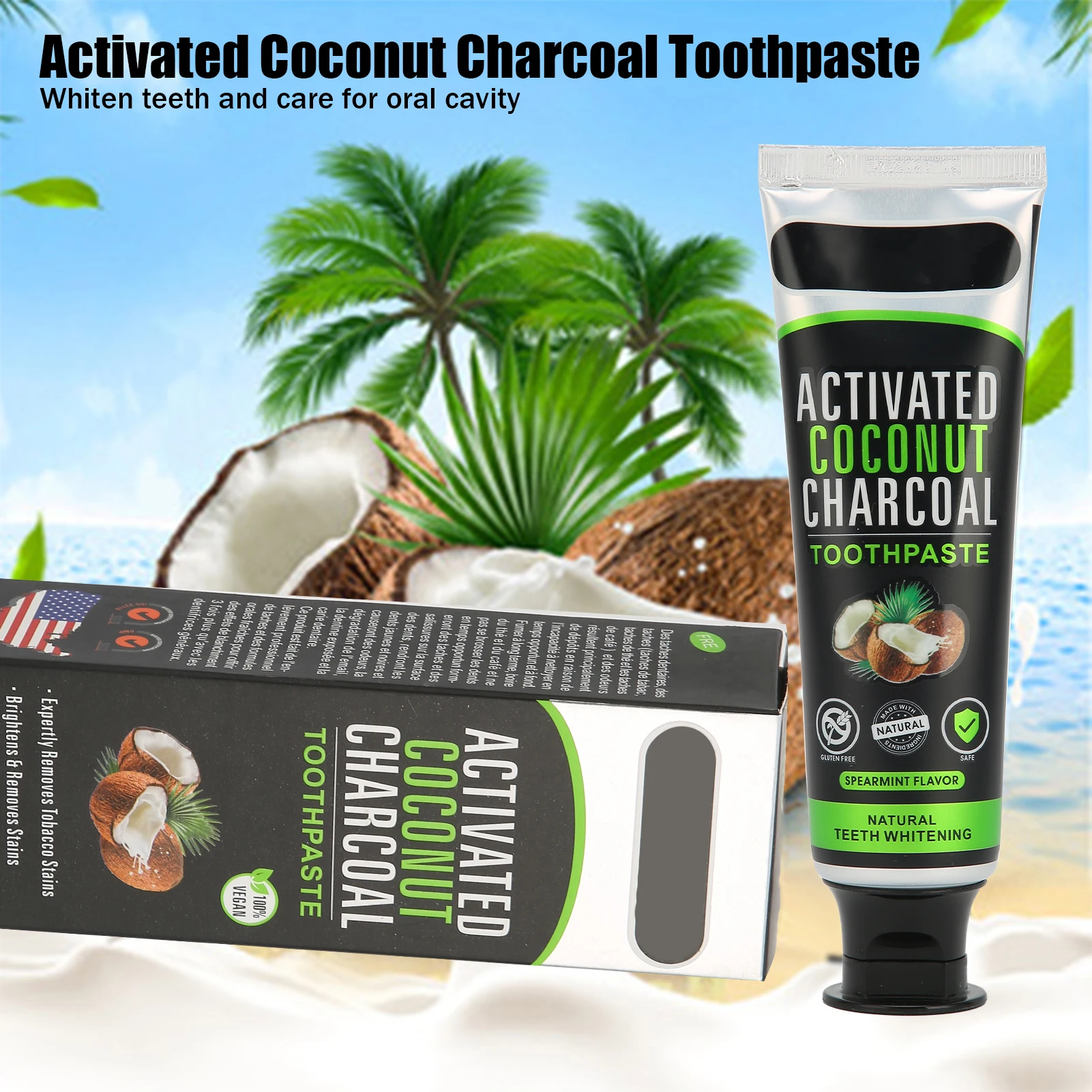 100ml Teeth Whitening Toothpaste Teeth Whitening Powder Activated Coconut Charcoal Powder Bamboo Toothbrush for Oral Hygiene tooth powder teeth whitening essence teeth whitening product teeth health product