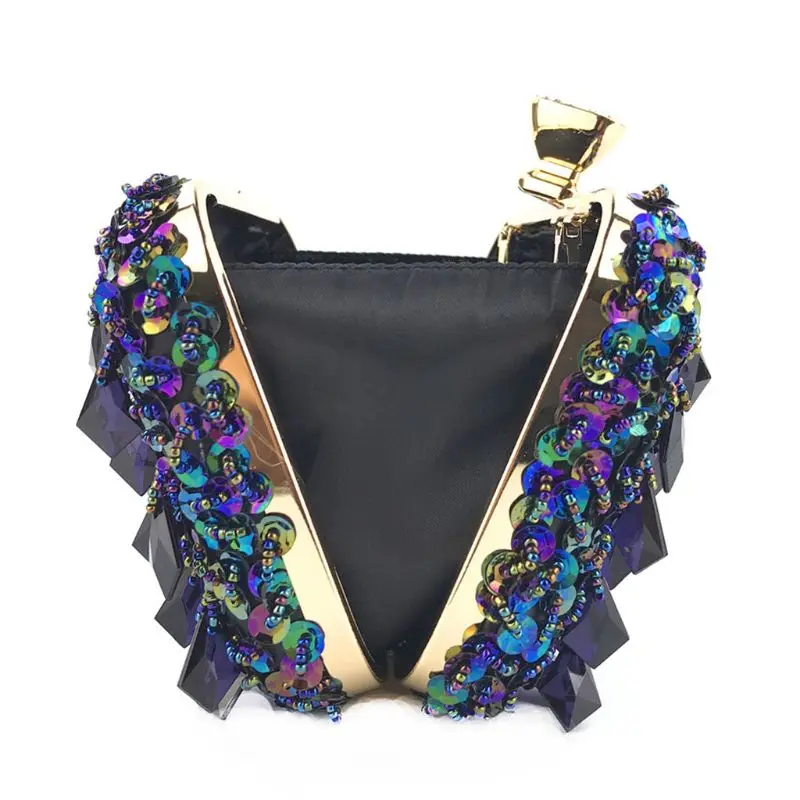 Women's Vintage Kiss Lock Beaded Sequin Flower Handbag Evening Clutch Shoulder E74B