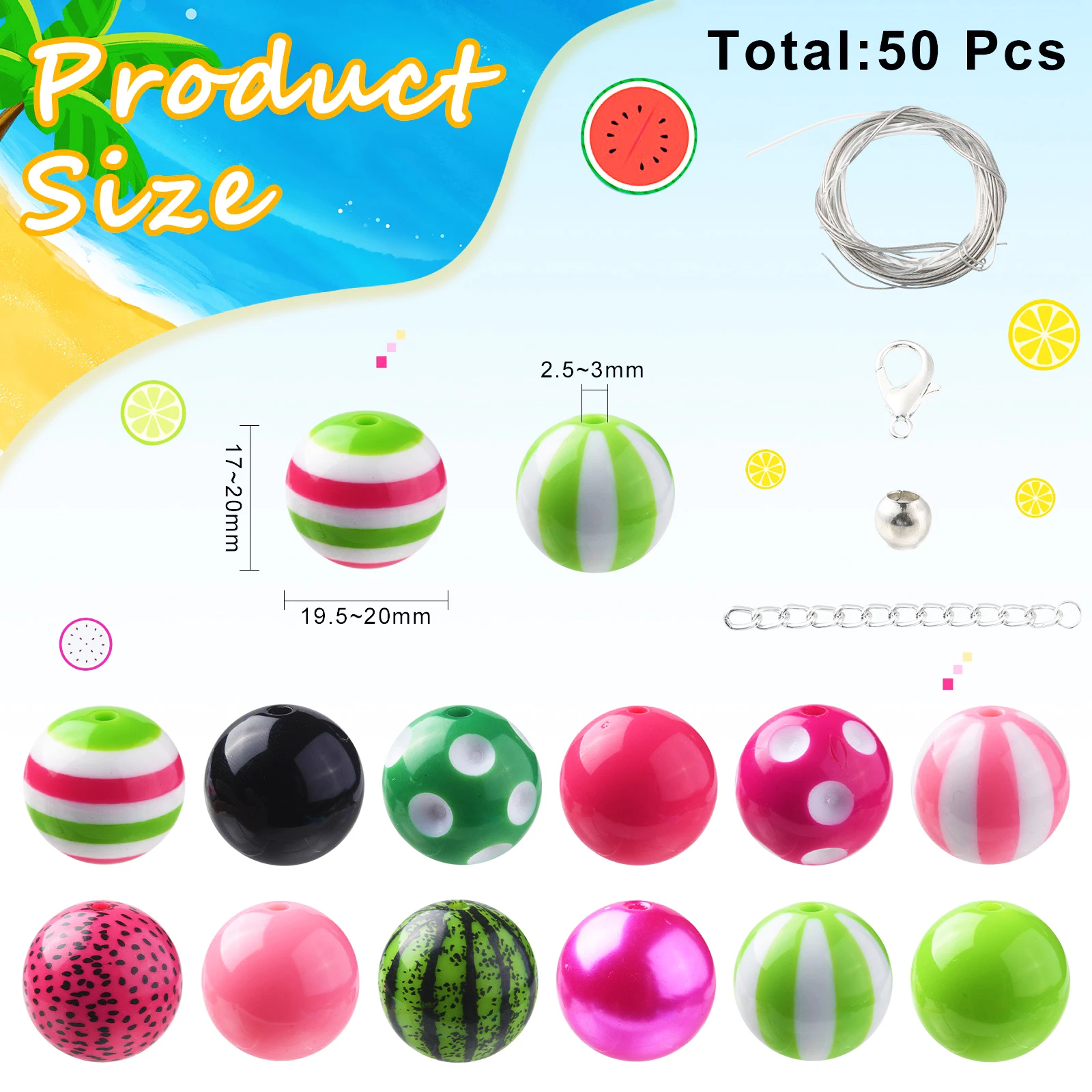 50 Stück 20 mm zufällige Farbe, Regenbogen-Thema, helle Farbe, Acryl-Kaugummi-Perlen-Set, bunte klobige Perlen für Schmuckherstellung, Zubehör – Detail 11