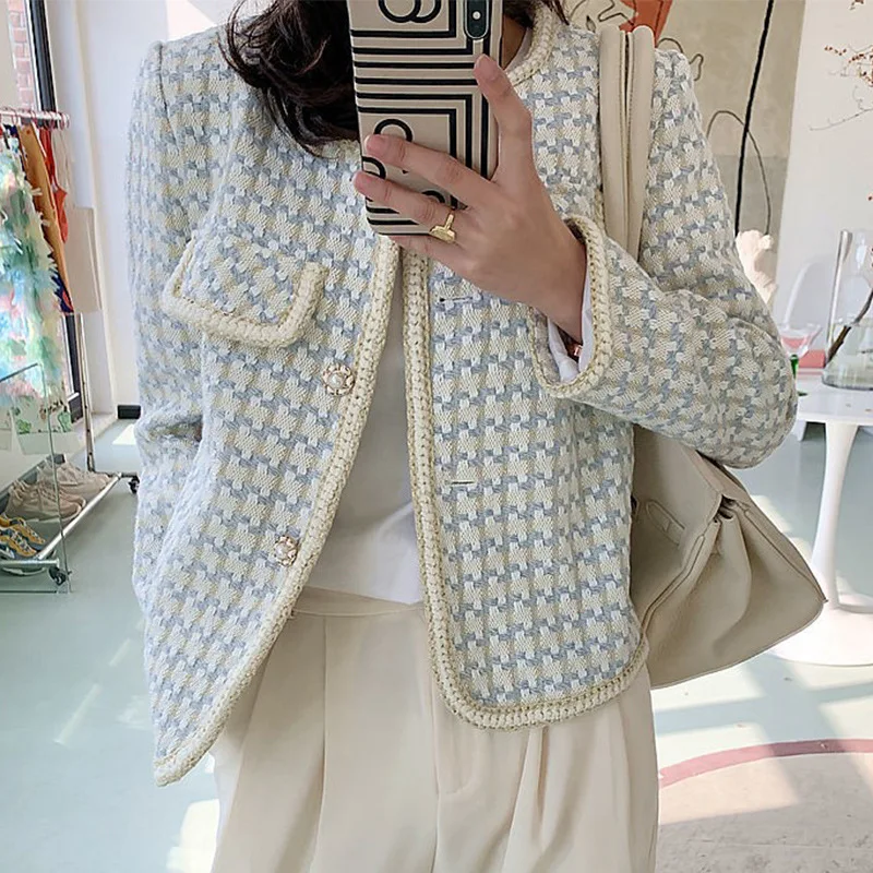

Vintage Tweed Jacket Coat Women's Spring Autumn Casual Fried Street Short Coat Plaid Outwear High Quality French
